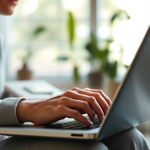 Close-up van een persoon die een laptop gebruikt, onderzoek doet naar een bedrijf voor een sollicitatiegesprek.